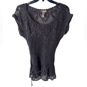 I.e Boho Crochet Knit Shirt Sweater  Brown Boho Beaded Tie Waist